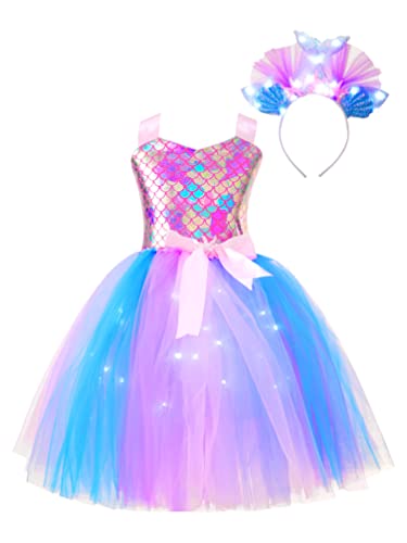 TiaoBug Mädchen Meerjungfrau Kostüm Kinder Prinzessin Kleid Tutu Märchen Motto Party Kleid mit Seestern Schwanz Deko Haarreifen Fasching Karneval Verkleidung Rosa Weiß E 80-92 von TiaoBug