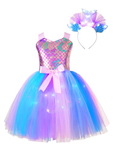 TiaoBug Mädchen Meerjungfrau Kostüm Kinder Prinzessin Kleid Tutu Märchen Motto Party Kleid mit Seestern Schwanz Deko Haarreifen Fasching Karneval Verkleidung Rosa bunt E 110-116 von TiaoBug