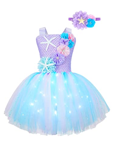 TiaoBug Mädchen Meerjungfrau Kostüm Kinder Prinzessin Kleid Tutu Märchen Motto Party Kleid mit Seestern Schwanz Deko Haarreifen Fasching Karneval Verkleidung Seestern Helllila F 98-104 von TiaoBug