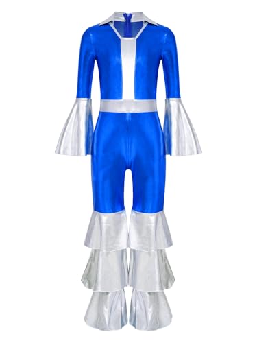 TiaoBug Mädchen Metallic Jumpsuit Overall Ganzkörper Turnanzug Lange Hose mit Rüschen Modern Jazz 60er 70er Jahre Disco Outfits Blau 170 von TiaoBug