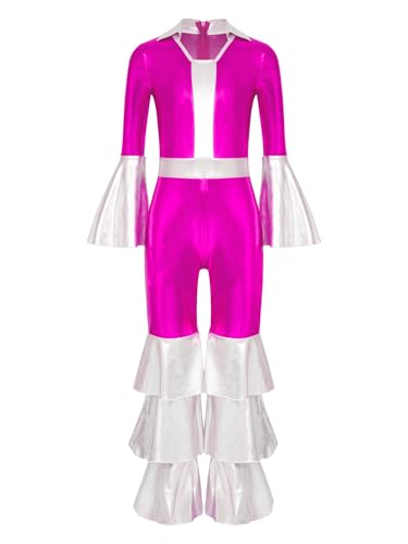 TiaoBug Mädchen Metallic Jumpsuit Overall Ganzkörper Turnanzug Lange Hose mit Rüschen Modern Jazz 60er 70er Jahre Disco Outfits Hot Pink 122-128 von TiaoBug