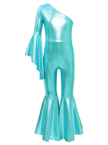 TiaoBug Mädchen Metallic Jumpsuit Overall Glockenärmel Turnanzug mit Schlaghose Disco Tanz Kostüm Hippie Jazz Modern Outfits Blau Grün 122-128 von TiaoBug