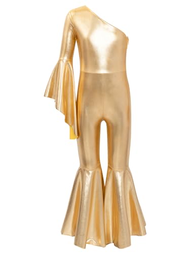 TiaoBug Mädchen Metallic Jumpsuit Overall Glockenärmel Turnanzug mit Schlaghose Disco Tanz Kostüm Hippie Jazz Modern Outfits Gold 170 von TiaoBug