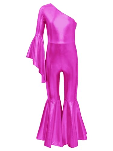 TiaoBug Mädchen Metallic Jumpsuit Overall Glockenärmel Turnanzug mit Schlaghose Disco Tanz Kostüm Hippie Jazz Modern Outfits Hot Pink 122-128 von TiaoBug