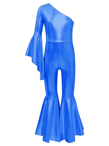 TiaoBug Mädchen Metallic Jumpsuit Overall Glockenärmel Turnanzug mit Schlaghose Disco Tanz Kostüm Hippie Jazz Modern Outfits Königsblau 110-116 von TiaoBug