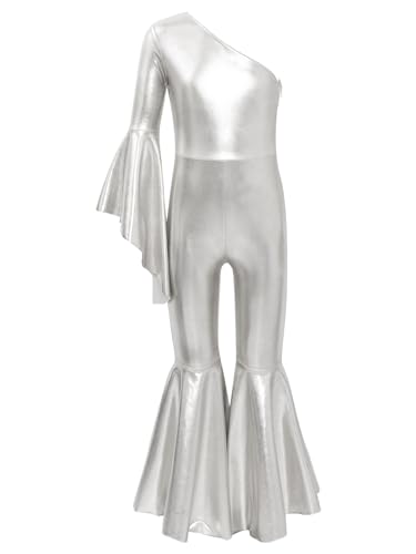 TiaoBug Mädchen Metallic Jumpsuit Overall Glockenärmel Turnanzug mit Schlaghose Disco Tanz Kostüm Hippie Jazz Modern Outfits Silber 146-152 von TiaoBug