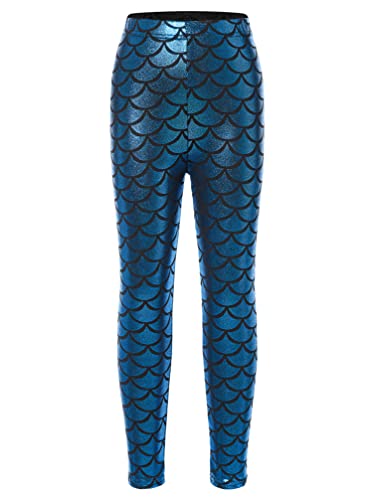 TiaoBug Mädchen Metallic Meerjungfrau Hose Fischschuppen Print Leggings Tights Fasching Karneval Kostüm Zubehör Hellblau 146-152 von TiaoBug