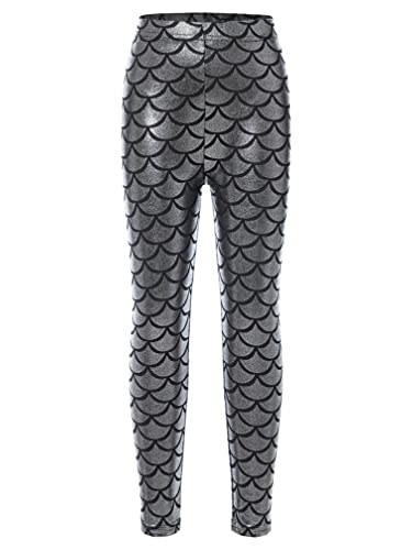 TiaoBug Mädchen Metallic Meerjungfrau Hose Fischschuppen Print Leggings Tights Fasching Karneval Kostüm Zubehör Silber 122-128 von TiaoBug