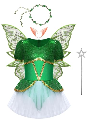TiaoBug Mädchen Prinzessin Ballettkleidung Kurzarm Pailletten Tutu Kleider Cosplay Kostüm Set mit Feen Flügel Zauberstab Elfen Ohren Haarband gr. 110-170 Grün 110-116 TiaoBug Mädchen Prinzessin Ballettkleidung Kurzarm Pailletten Tutu Kleider Cosplay Kostüm Set mit Feen Flügel Zauberstab Elfen Ohren Haarband gr. 110-170 Grün 110-116 von TiaoBug
