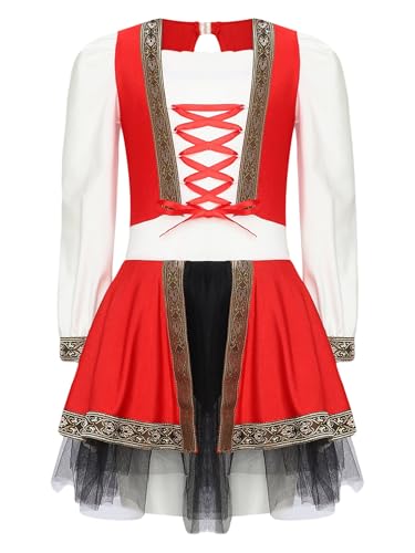 TiaoBug Mädchen Prinzessin Kleid Langarm Partykleid Mittelalter Viktorianische Renaissance Festkleider mit Tutu Rock Retro Festzug Outfits Rot 170 von TiaoBug