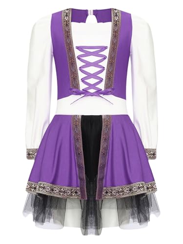 TiaoBug Mädchen Prinzessin Kleid Langarm Partykleid Mittelalter Viktorianische Renaissance Festkleider mit Tutu Rock Retro Festzug Outfits Violett 158-164 von TiaoBug