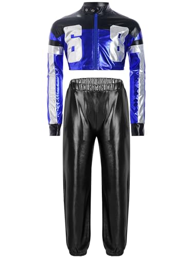 TiaoBug Mädchen Rennfahrer Kostüm F1 Uniformen Metallic Motorradjacke Crop Top Lack Leder Optik Mantel und Glänzend Sporthose Jogginghose Blau Schwarz 122-128 von TiaoBug