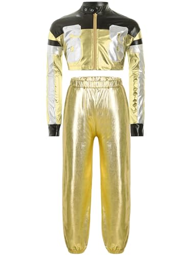 TiaoBug Mädchen Rennfahrer Kostüm F1 Uniformen Metallic Motorradjacke Crop Top Lack Leder Optik Mantel und Glänzend Sporthose Jogginghose Gold 110-116 von TiaoBug