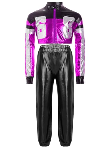 TiaoBug Mädchen Rennfahrer Kostüm F1 Uniformen Metallic Motorradjacke Crop Top Lack Leder Optik Mantel und Glänzend Sporthose Jogginghose Hot Pink & Schwarz 134-140 von TiaoBug