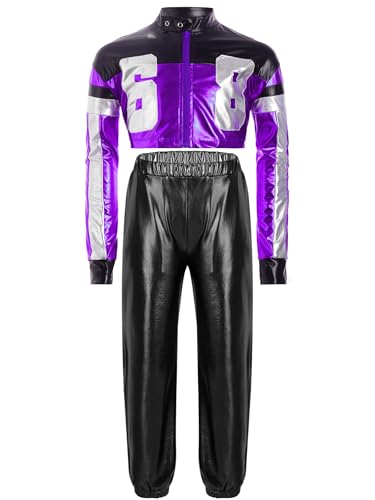 TiaoBug Mädchen Rennfahrer Kostüm F1 Uniformen Metallic Motorradjacke Crop Top Lack Leder Optik Mantel und Glänzend Sporthose Jogginghose Lila & Schwarz 170 von TiaoBug