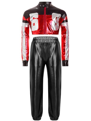 TiaoBug Mädchen Rennfahrer Kostüm F1 Uniformen Metallic Motorradjacke Crop Top Lack Leder Optik Mantel und Glänzend Sporthose Jogginghose Rot schwarz 170 von TiaoBug