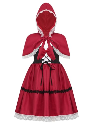 TiaoBug Mädchen Rotkäppchen Kostüm Kurzarm Gothic Kleid mit Kapuzenumhang Märchen Halloween Kostüme zu Karneval Fasching gr. 86-164 Rot 86-92 von TiaoBug