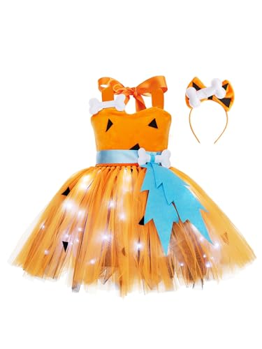 TiaoBug Mädchen Urmenschen Cosplay Kostüm Prinzessin Kleid aus der Steinzeit Höhlenmensch Tüllkleid mit Schleife Haarreifen Orange weißes Licht 110-116 von TiaoBug