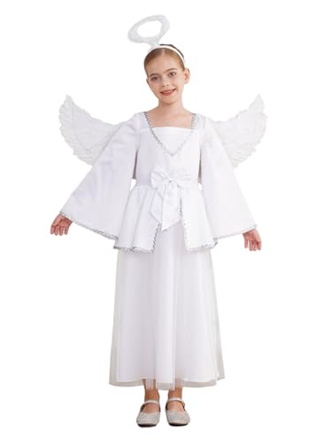 TiaoBug Mädchen Weihnachtsengel Kostüm Langarm Kleid Kinder Griechische Göttin Helena Venus Göttin Kleidung mit Flügel Haarreifen Halloween Fasching Verkleidung Weiß 134-140 von TiaoBug