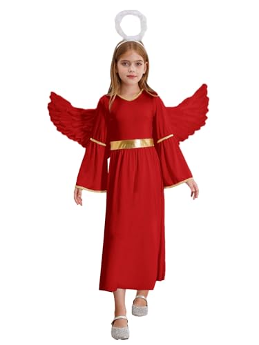 TiaoBug Mädchen Weihnachtsengel Kostüm mit Federfügel und Haarreifen Kinder Griechische Göttin Helena Kleid Venus Göttinnen Karneval Halloween Fasching Verkleidung Rot-Weiss 170 von TiaoBug