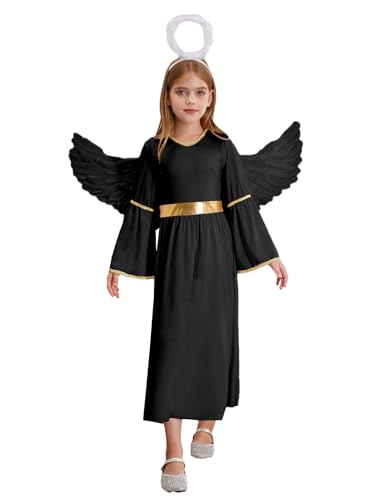 TiaoBug Mädchen Weihnachtsengel Kostüm mit Federfügel und Haarreifen Kinder Griechische Göttin Helena Kleid Venus Göttinnen Karneval Halloween Fasching Verkleidung Schwarz 110-116 von TiaoBug