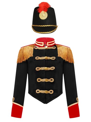 TiaoBug Mädchen Zirkusdirektor Jacke mit Fransen Schulterklappe Epauletten Uniform Militärischer Blazer Mantel Jacket mit Soldaten Mütze Schwarz 134-140 von TiaoBug