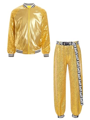 TiaoBug Unisex Kinder 80er Jahre Outfits Trainingsanzug Retro Kostüm Metallic Jogginganzug Pailletten Jacke und Hose Disco Jazz Tanz Kleidung Set Gold 134-140 von TiaoBug