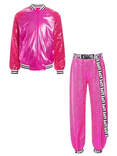 TiaoBug Unisex Kinder 80er Jahre Outfits Trainingsanzug Retro Kostüm Metallic Jogginganzug Pailletten Jacke und Hose Disco Jazz Tanz Kleidung Set Hot Pink 110-116 von TiaoBug