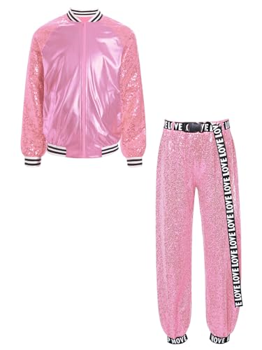 TiaoBug Unisex Kinder 80er Jahre Outfits Trainingsanzug Retro Kostüm Metallic Jogginganzug Pailletten Jacke und Hose Disco Jazz Tanz Kleidung Set Rosa 110-116 von TiaoBug