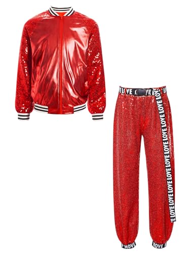 TiaoBug Unisex Kinder 80er Jahre Outfits Trainingsanzug Retro Kostüm Metallic Jogginganzug Pailletten Jacke und Hose Disco Jazz Tanz Kleidung Set Rot 134-140 von TiaoBug