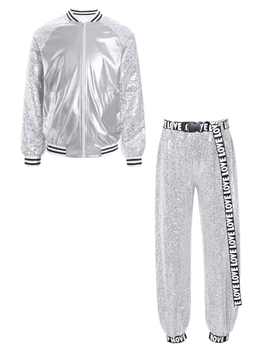 TiaoBug Unisex Kinder 80er Jahre Outfits Trainingsanzug Retro Kostüm Metallic Jogginganzug Pailletten Jacke und Hose Disco Jazz Tanz Kleidung Set Silber 146-152 von TiaoBug