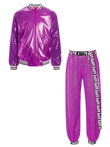 TiaoBug Unisex Kinder 80er Jahre Outfits Trainingsanzug Retro Kostüm Metallic Jogginganzug Pailletten Jacke und Hose Disco Jazz Tanz Kleidung Set Violett 146-152 von TiaoBug