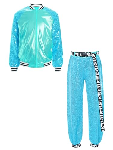 TiaoBug Unisex Kinder 80er Jahre Outfits Trainingsanzug Retro Kostüm Metallic Jogginganzug Pailletten Jacke und Hose Disco Jazz Tanz Kleidung Set blauer See 134-140 von TiaoBug