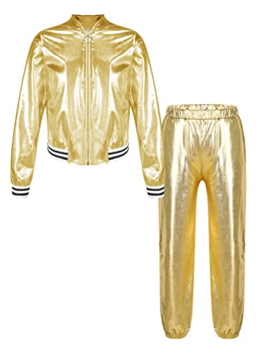 TiaoBug Unisex Kinder 80er Jahre Trainingsanzug Retro Kostüm Metallic Jogger Jogginganzug Jacke und Hose Disco Jazz Tanz Outfits Set Gold 110-116 von TiaoBug