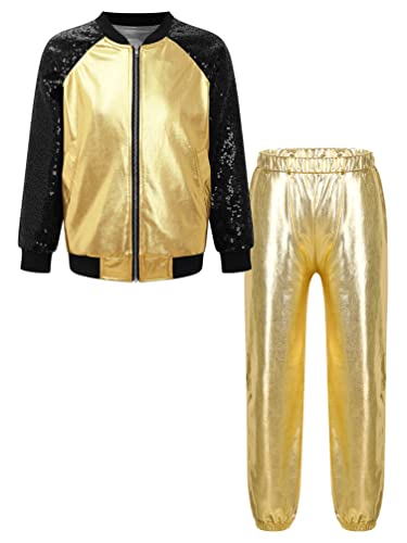 TiaoBug Unisex Kinder 80er Jahre Trainingsanzug Retro Kostüm Metallic Jogger Jogginganzug Jacke und Hose Disco Jazz Tanz Outfits Set Gold A 122-128 von TiaoBug