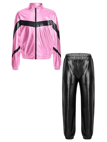 TiaoBug Unisex Kinder 80er Jahre Trainingsanzug Retro Kostüm Metallic Jogger Jogginganzug Jacke und Hose Disco Jazz Tanz Outfits Set Pink Schwarz E 146-152 von TiaoBug