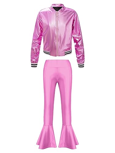 TiaoBug Unisex Kinder 80er Jahre Trainingsanzug Retro Kostüm Metallic Jogger Jogginganzug Jacke und Hose Disco Jazz Tanz Outfits Set Rosa Schlaghose 122-128 von TiaoBug