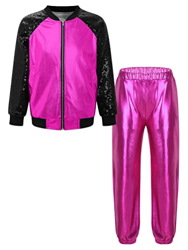 TiaoBug Unisex Kinder 80er Jahre Trainingsanzug Retro Kostüm Metallic Jogger Jogginganzug Jacke und Hose Disco Jazz Tanz Outfits Set Rose A 170 von TiaoBug