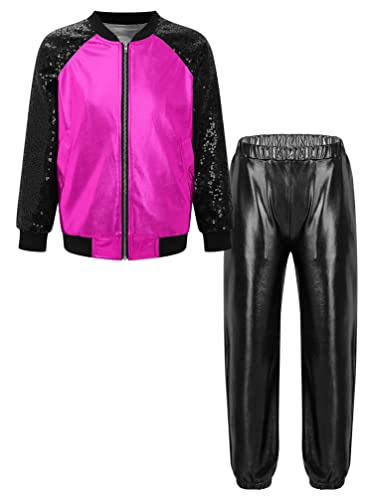 TiaoBug Unisex Kinder 80er Jahre Trainingsanzug Retro Kostüm Metallic Jogger Jogginganzug Jacke und Hose Disco Jazz Tanz Outfits Set Rose&Schwarz A 170 von TiaoBug