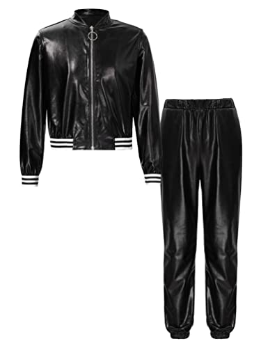 TiaoBug Unisex Kinder 80er Jahre Trainingsanzug Retro Kostüm Metallic Jogger Jogginganzug Jacke und Hose Disco Jazz Tanz Outfits Set Schwarz 110-116/5-6 Jahre von TiaoBug