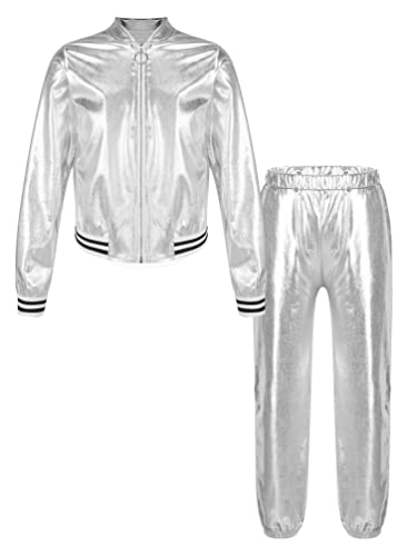 TiaoBug Unisex Kinder 80er Jahre Trainingsanzug Retro Kostüm Metallic Jogger Jogginganzug Jacke und Hose Disco Jazz Tanz Outfits Set Silber 110-116 von TiaoBug