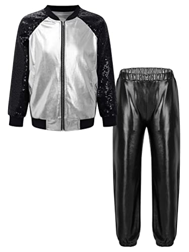 TiaoBug Unisex Kinder 80er Jahre Trainingsanzug Retro Kostüm Metallic Jogger Jogginganzug Jacke und Hose Disco Jazz Tanz Outfits Set Silber&Schwarz A 170 von TiaoBug