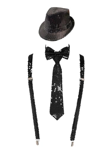 TiaoBug Unisex Pailletten Hosenträger Zauberer Hut und Glitzer Krawatte Fliege Gentleman Anzug Sakko Uniform Kleidung Zubehör Gentleman Hochzeit Party Kostüm Schwarz Einheitsgröße von TiaoBug