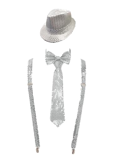 TiaoBug Unisex Pailletten Hosenträger Zauberer Hut und Glitzer Krawatte Fliege Gentleman Anzug Sakko Uniform Kleidung Zubehör Gentleman Hochzeit Party Kostüm Silber Einheitsgröße von TiaoBug