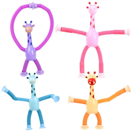 Tibapla Teleskop-Saugnapf-Giraffe-Spielzeug, 4 Stück Sensorisches Giraffen-Spielzeug Telescopic Suction Cup Giraffe Toy Lustiges Pädagogisches Stressabbau-Spielzeug von Tibapla