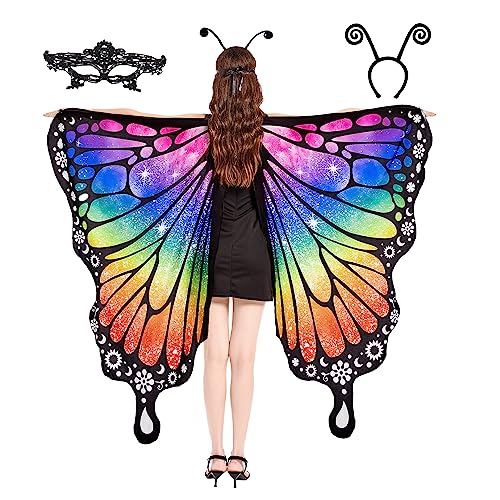 Tibeha Halloween Schmetterling Kostüm für Damen - Erwachsene Flügel Umhang Schal mit Spitzenmaske und Antennen-Stirnband, Regenbogen-0515-iasc, Erwachsene von Tibeha