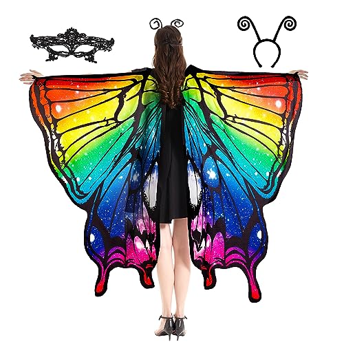 Tibeha Halloween Schmetterling Kostüm für Damen - Erwachsene Flügel Umhang Schal mit Spitzenmaske und Antennen-Stirnband, Rainbow-5237-Mask, Adults von Tibeha