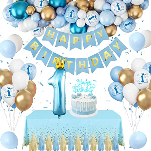 Tibimon Geburtstagsdeko 1 Jahr Junge, 1. Geburtstag Junge Blau Gold Luftballons Geburtstag, Deko 1. Geburtstag Junge Happy Birthday Banner für Jungen Kindergeburtstag Babyparty Deko von Tibimon