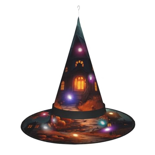 TietYaer Gruseliger Halloween-Druck, Halloween-Hexenhut, Hexenhut, Zauberer, Cosplay, LED-Licht, Halloween-Dekoration, Kegel, Hexenhut, Erwachsene von TietYaer