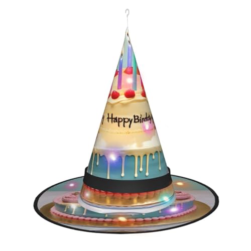 TietYaer Happy Birthday großer Kuchen-Druck, Halloween-Hexenhut, Hexenhut, Zauberer, Cosplay, LED-Licht, Halloween-Dekoration, Kegel, Hexenhut, Erwachsene von TietYaer